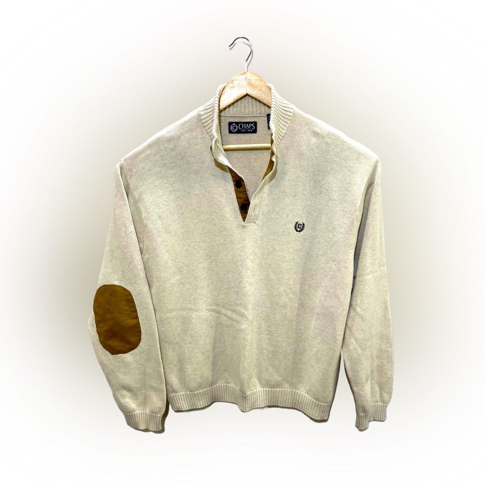 Chaps Men’s XXL Cream Mock Neck Button Up Sweater w Suede Patched Elbows